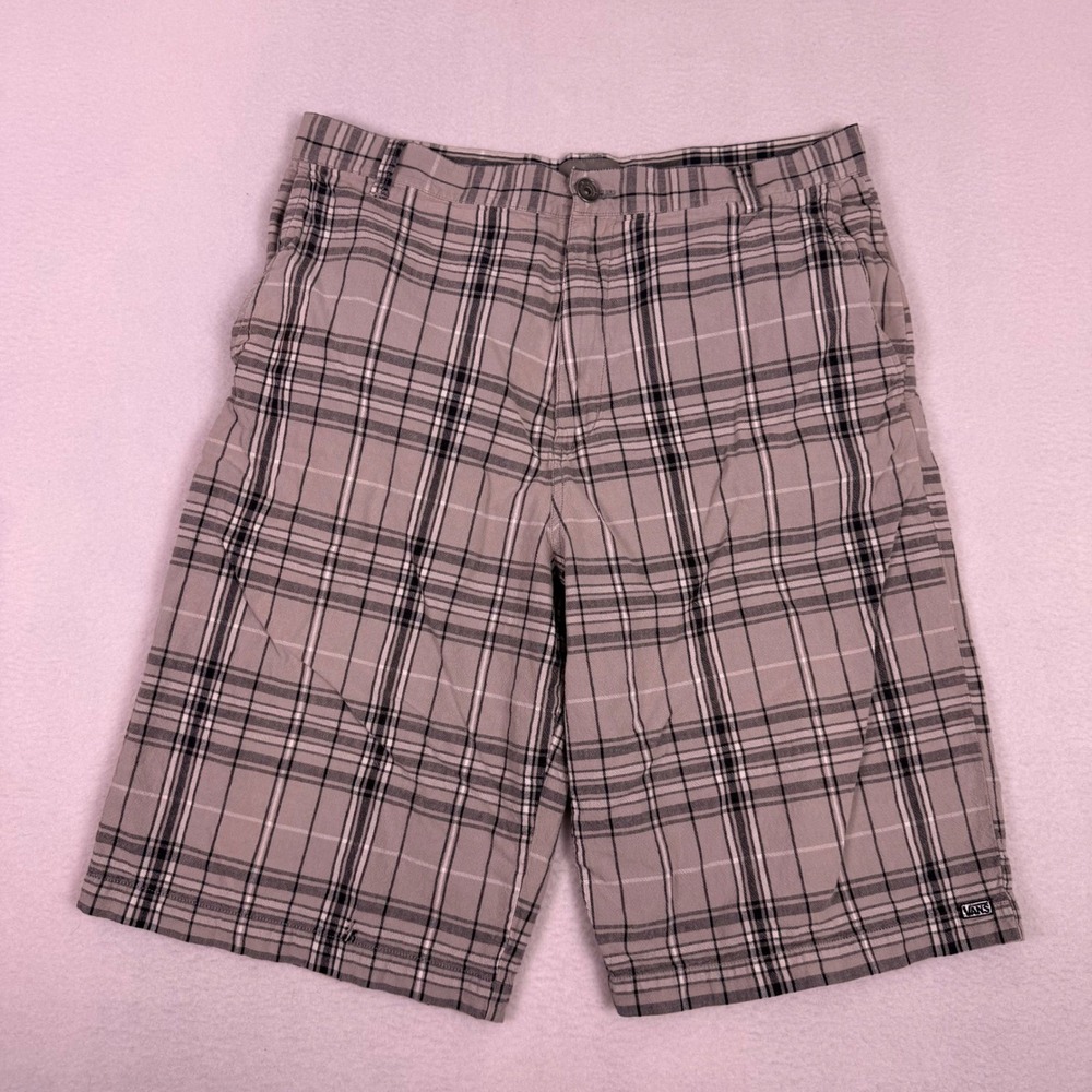 Vans Mens Plaid Shorts Size 32 Flat Front Skate‎ Utility Pockets Grey Black